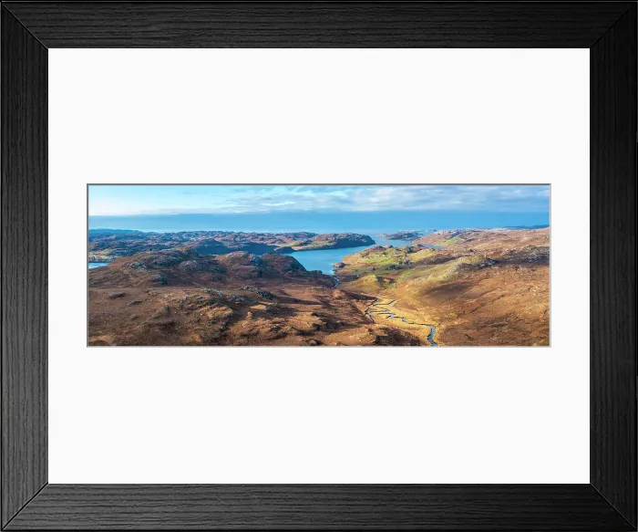 Framed Print : Aerial panoramic view over Loch Inchard towards Kinlochbervie, Sutherland, Highlands, Scotland, UK Framed Print : Aerial panoramic view over Loch Inchard towards Kinlochbervie, Sutherland, Highlands, Scotland, UK