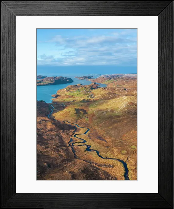Framed Print : Aerial panoramic view over Loch Inchard towards Kinlochbervie, Sutherland, Highlands, Scotland, UK Framed Print : Aerial panoramic view over Loch Inchard towards Kinlochbervie, Sutherland, Highlands, Scotland, UK