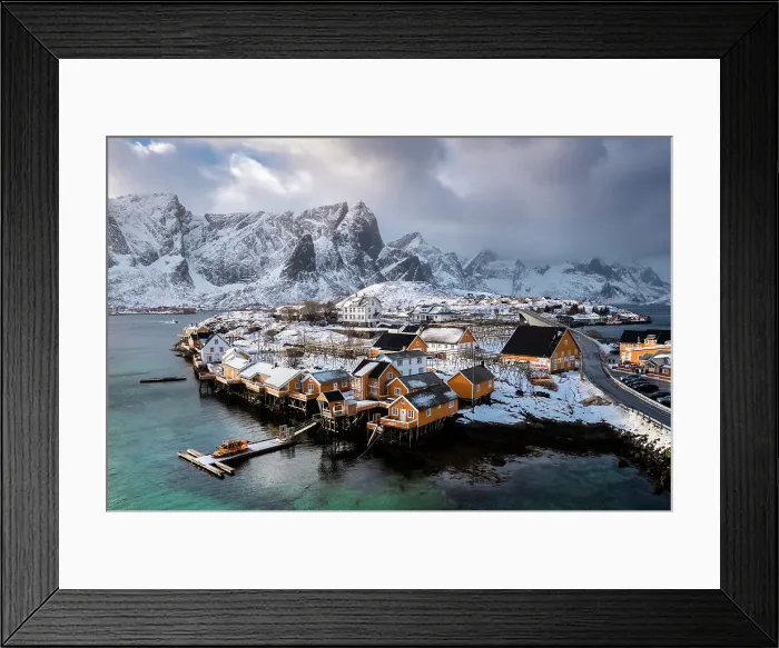 Framed Print : Aerial view of the Sakrisoya island and Reine Bay towards Reinebringen in winter, Lofoten Islands, Norway Framed Print : Aerial view of the Sakrisoya island and Reine Bay towards Reinebringen in winter, Lofoten Islands, Norway