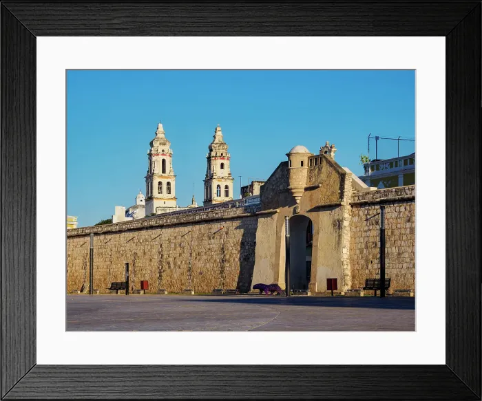 Framed Print : View over Plaza de La Republica towards Puerta de Mar and Defensive Wall of the Old Town, cathedral in the background, Campeche City, Campeche State, Mexico Framed Print : View over Plaza de La Republica towards Puerta de Mar and Defensive Wall of the Old Town, cathedral in the background, Campeche City, Campeche State, Mexico