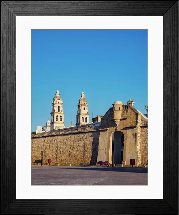 Framed Print : View over Plaza de La Republica towards Puerta de Mar and Defensive Wall of the Old Town, cathedral in the background, Campeche City, Campeche State, Mexico
