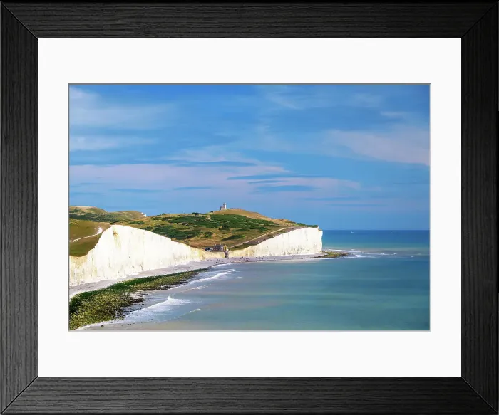 Framed Print : View towards Birling Gap and Belle Tout (Belle Toute) Lighthouse, Seven Sisters, South Downs National Park, East Sussex, England Framed Print : View towards Birling Gap and Belle Tout (Belle Toute) Lighthouse, Seven Sisters, South Downs National Park, East Sussex, England