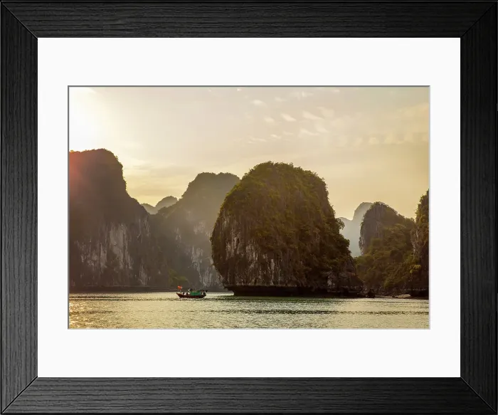 Framed Print : Traditional fishing boat and limestone islands at dawn, Halong Bay, Northeast Vietnam Framed Print : Traditional fishing boat and limestone islands at dawn, Halong Bay, Northeast Vietnam