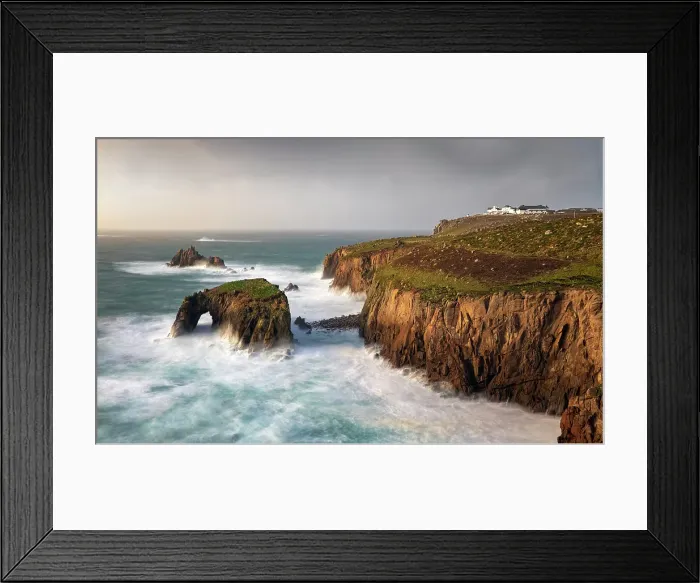 Framed Print : Enys Dodnan Arch and The Armed Knight, Land's End, Cornwall, England Framed Print : Enys Dodnan Arch and The Armed Knight, Land's End, Cornwall, England