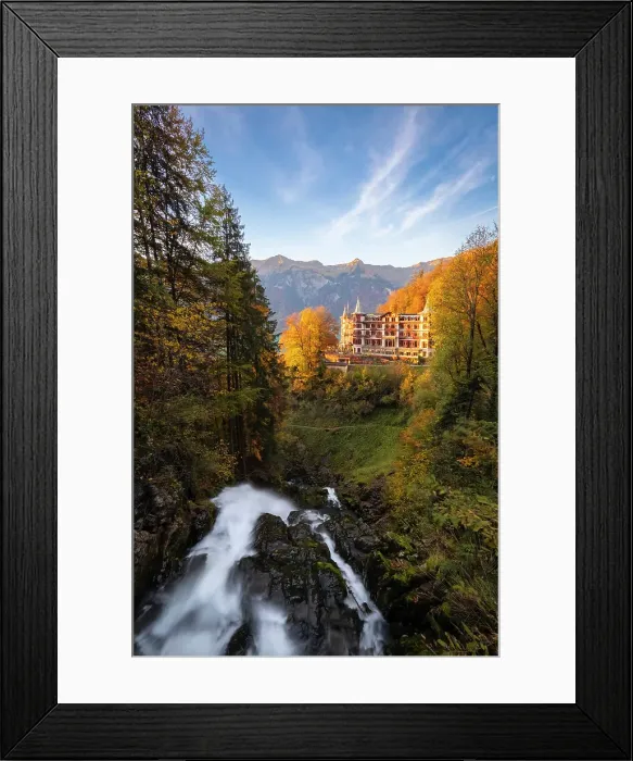 Framed Print : Giessbach waterfall in autumn. Iseltwald, Lake Brienz, Bernese Oberland, Switzerland