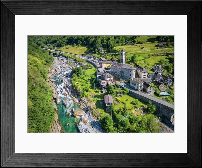 Framed Print : Aerial view of the church and town of Lavertezzo. Lavertezzo, Verzasca Valley, Locarno, Ticino, Switzerland Framed Print : Aerial view of the church and town of Lavertezzo. Lavertezzo, Verzasca Valley, Locarno, Ticino, Switzerland