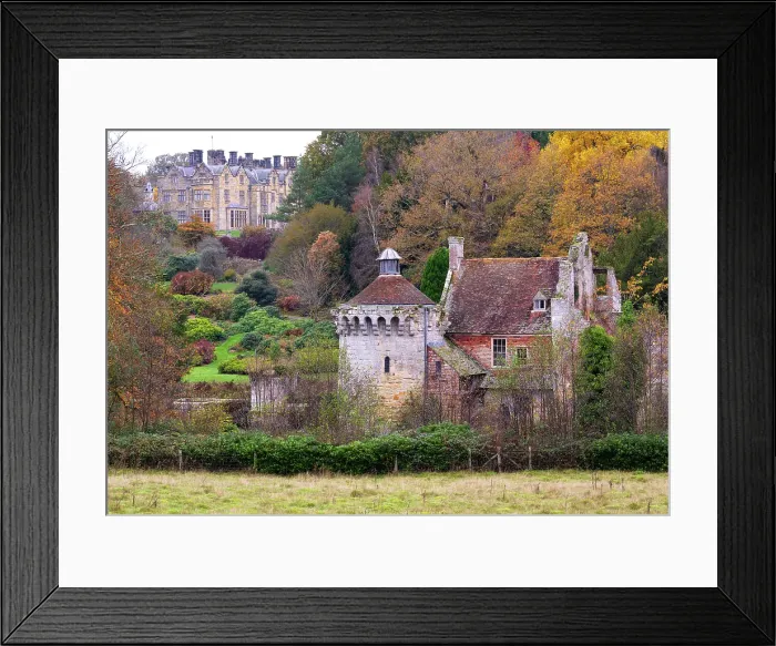Framed Print : View towards Old Scotney Castle, with New Scotney Castle in the background, Kent, England Framed Print : View towards Old Scotney Castle, with New Scotney Castle in the background, Kent, England