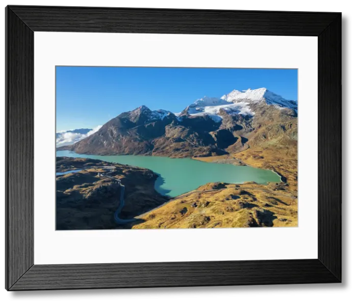 Framed Print : Aerial view of the Lago Bianco, Lagh da la Cruseta and mountains at Bernina pass at sunrise in autumn. Graubunden, Engadin, Switzerland