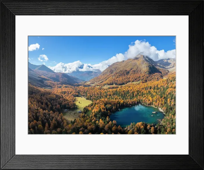 Framed Print : Aerial view of the Saoseo Lake in autumn. Poschiavo Valley, Graubunden, Switzerland Framed Print : Aerial view of the Saoseo Lake in autumn. Poschiavo Valley, Graubunden, Switzerland