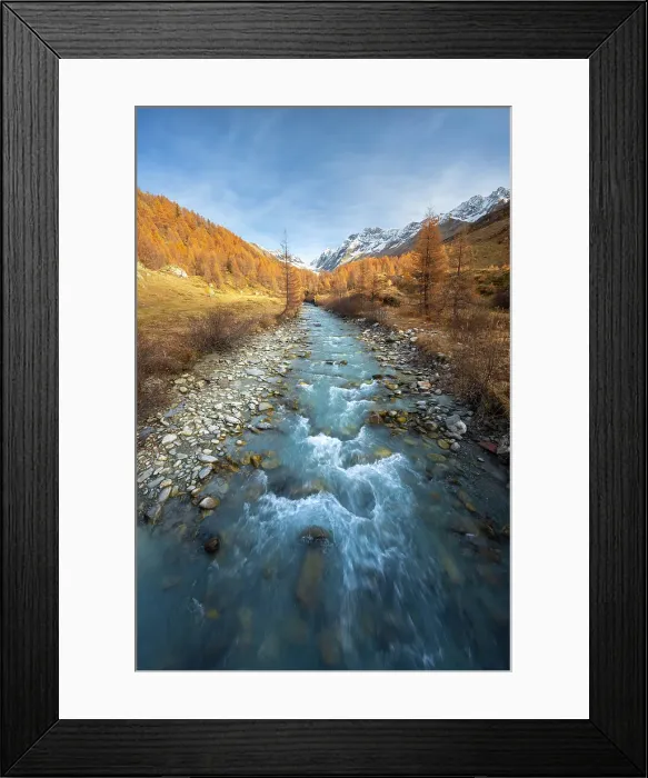 Framed Print : View of the Lotschental valley in autumn, Valais, Switzerland Framed Print : View of the Lotschental valley in autumn, Valais, Switzerland