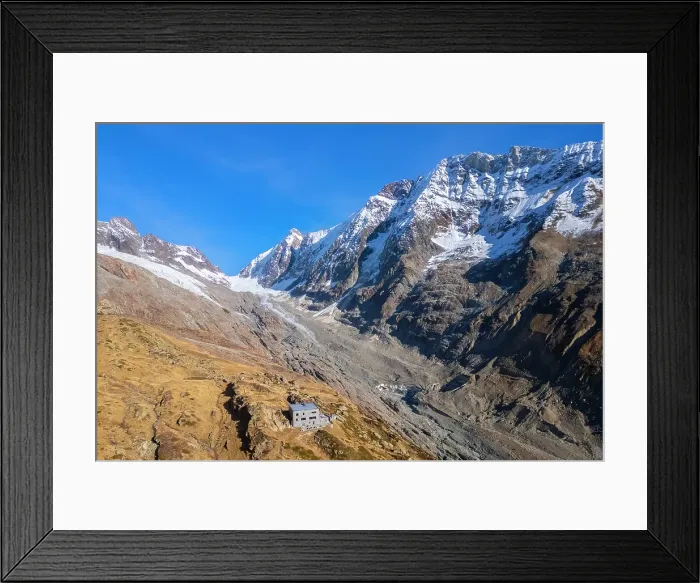 Framed Print : Aerial view of the Anenhutte refuge in Lotschental valley in autumn, Valais, Switzerland Framed Print : Aerial view of the Anenhutte refuge in Lotschental valley in autumn, Valais, Switzerland