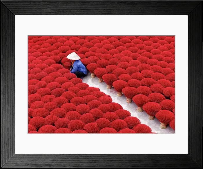 Framed Print : Local woman laying out colourful Incense sticks to dry, Quang Phu Cau village, near Hanoi, Vietnam