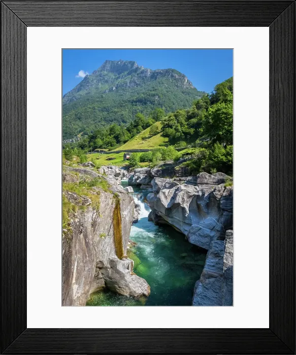 Framed Print : Aerial view of a small bridge over river Verzasca. Verzasca, Verzasca Valley, Locarno, Ticino, Switzerland Framed Print : Aerial view of a small bridge over river Verzasca. Verzasca, Verzasca Valley, Locarno, Ticino, Switzerland