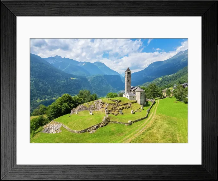 Framed Print : Aerial view of the church of Rossura, Leventina valley towards San Gottardo pass, Rossura, Ticino, Switzerland Framed Print : Aerial view of the church of Rossura, Leventina valley towards San Gottardo pass, Rossura, Ticino, Switzerland