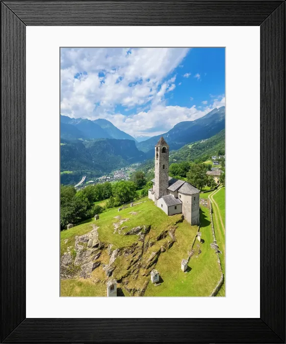 Framed Print : Aerial view of the church of Rossura, Leventina valley towards San Gottardo pass, Rossura, Ticino, Switzerland Framed Print : Aerial view of the church of Rossura, Leventina valley towards San Gottardo pass, Rossura, Ticino, Switzerland