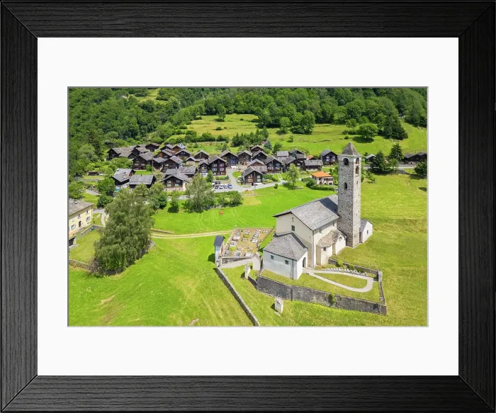 Framed Print : Aerial view of the church of Rossura, Leventina valley towards San Gottardo pass, Rossura, Ticino, Switzerland Framed Print : Aerial view of the church of Rossura, Leventina valley towards San Gottardo pass, Rossura, Ticino, Switzerland