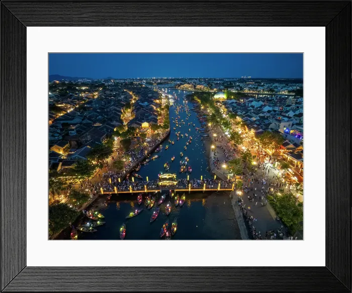 Framed Print : Aerial view of boats on the Thu Bon River at dusk, Hoi An, Central Vietnam Framed Print : Aerial view of boats on the Thu Bon River at dusk, Hoi An, Central Vietnam