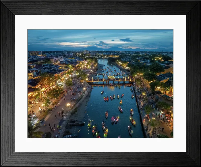 Framed Print : Aerial view of boats on the Thu Bon River at dusk, Hoi An, Central Vietnam Framed Print : Aerial view of boats on the Thu Bon River at dusk, Hoi An, Central Vietnam
