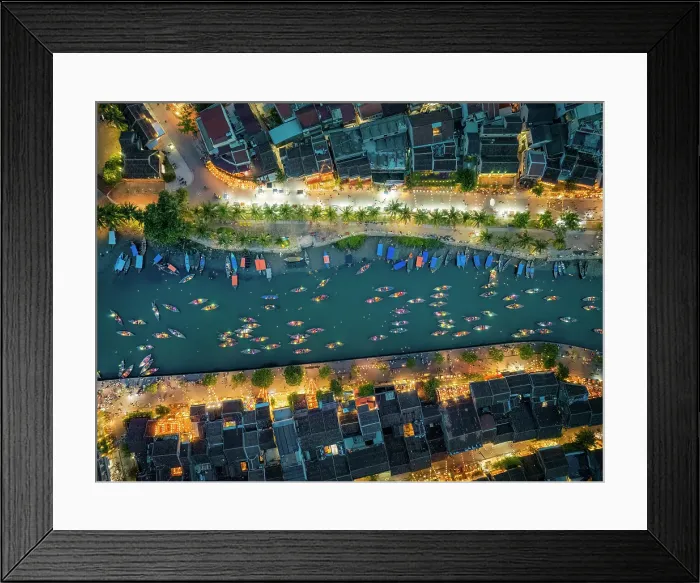 Framed Print : Aerial view of boats on the Thu Bon River at dusk, Hoi An, Central Vietnam Framed Print : Aerial view of boats on the Thu Bon River at dusk, Hoi An, Central Vietnam