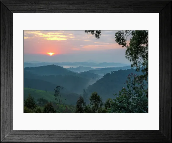 Framed Print : Africa, Rwanda, Nyungwe National Park. Sunrise above the rolling hills