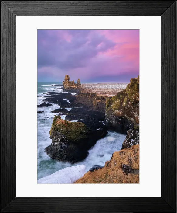 Framed Print : Londrangar stacks at sunrise in winter. Snaefellsnes peninsula, Iceland