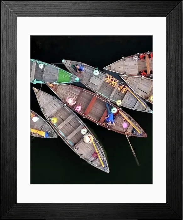 Framed Print : Aerial view of tourist boats on the Thu Bon River, Hoi An, Central Vietnam Framed Print : Aerial view of tourist boats on the Thu Bon River, Hoi An, Central Vietnam