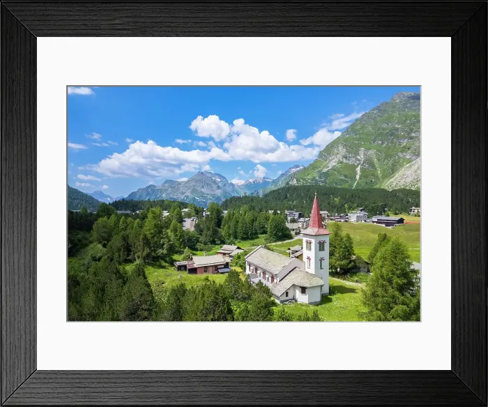 Framed Print : Aerial view of the Chiesa Bianca during summer. Maloja, Bregaglia, canton of Graubunden, Engadin, Switzerland Framed Print : Aerial view of the Chiesa Bianca during summer. Maloja, Bregaglia, canton of Graubunden, Engadin, Switzerland