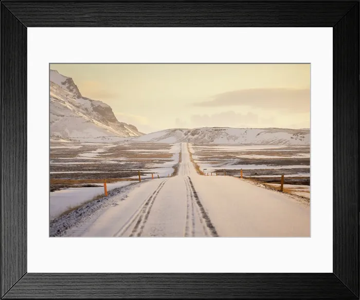 Framed Print : View of the road near Snaefellsjokull volcano at sunrise in winter. Snaefellsnes peninsula, Iceland Framed Print : View of the road near Snaefellsjokull volcano at sunrise in winter. Snaefellsnes peninsula, Iceland