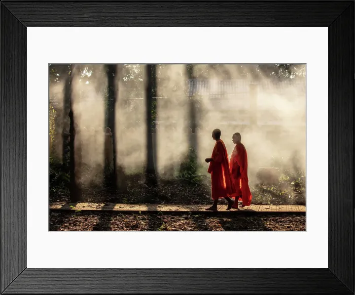 Framed Print : Two Buddhist monks walking through smoke from smouldering leaves, Xien Can Pagoda, Bac Lieu, Mekong Delta, Vietnam Framed Print : Two Buddhist monks walking through smoke from smouldering leaves, Xien Can Pagoda, Bac Lieu, Mekong Delta, Vietnam
