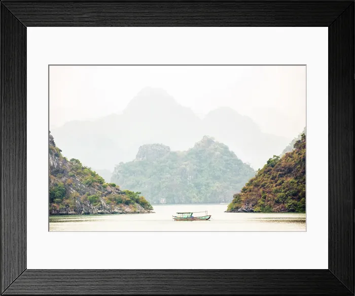 Framed Print : Boat and limestone islands at dawn, Halong Bay, Northeast Vietnam Framed Print : Boat and limestone islands at dawn, Halong Bay, Northeast Vietnam
