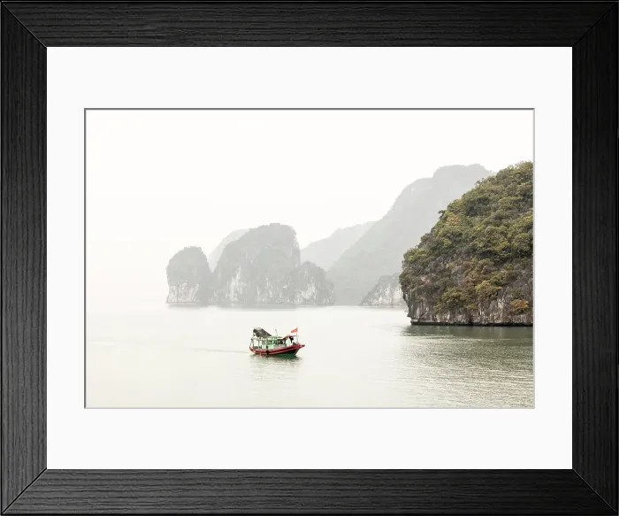 Framed Print : Traditional fishing boat and limestone islands at dawn, Halong Bay, Northeast Vietnam Framed Print : Traditional fishing boat and limestone islands at dawn, Halong Bay, Northeast Vietnam
