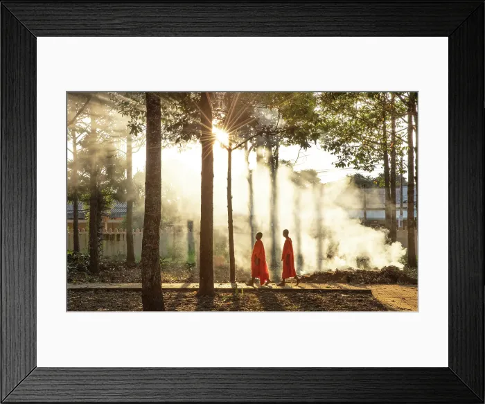 Framed Print : Two Buddhist monks walking past smoke from a fire, Xien Can Pagoda, Bac Lieu, Mekong Delta, Vietnam Framed Print : Two Buddhist monks walking past smoke from a fire, Xien Can Pagoda, Bac Lieu, Mekong Delta, Vietnam