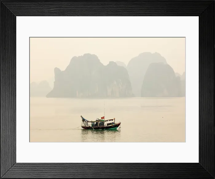Framed Print : Traditional fishing boat and limestone islands at dawn, Halong Bay, Northeast Vietnam Framed Print : Traditional fishing boat and limestone islands at dawn, Halong Bay, Northeast Vietnam