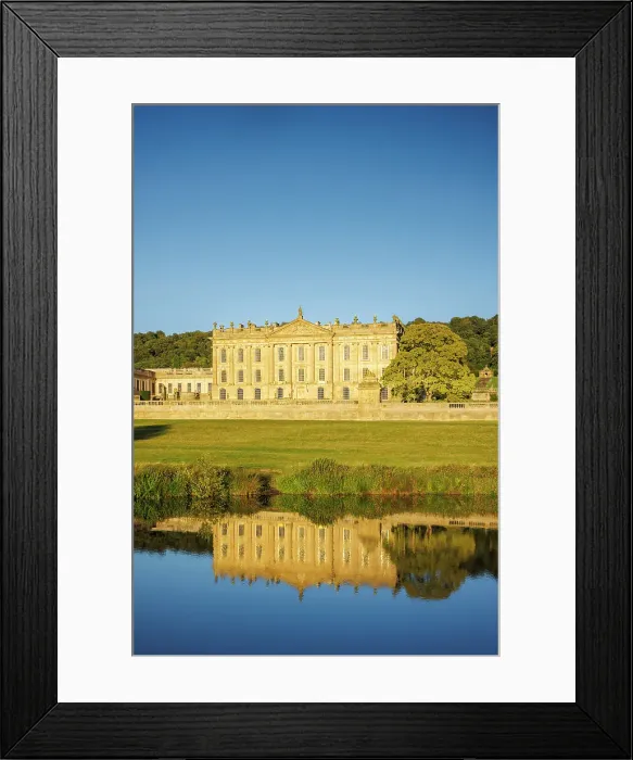 Framed Print : Chatsworth House reflected in River Derwent, Peak District National Park, Derbyshire, England, UK Framed Print : Chatsworth House reflected in River Derwent, Peak District National Park, Derbyshire, England, UK