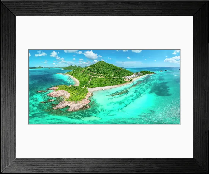 Framed Print : Aerial view of lush green headland of Pearns Point above a white sand beach, Antigua, Antigua & Barbuda, Caribbean, West Indies Framed Print : Aerial view of lush green headland of Pearns Point above a white sand beach, Antigua, Antigua & Barbuda, Caribbean, West Indies