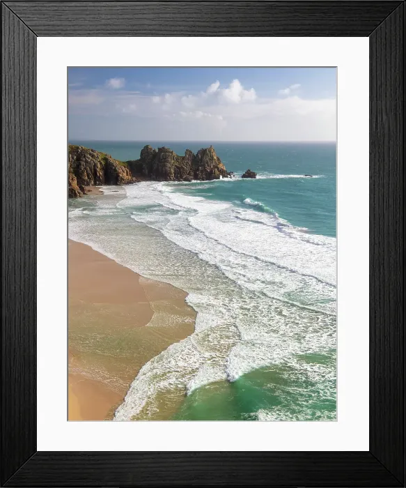 Framed Print : Logan Rock and Pednvounder Beach from Treen Cliff, near Porthcurno, Cornwall, England Framed Print : Logan Rock and Pednvounder Beach from Treen Cliff, near Porthcurno, Cornwall, England