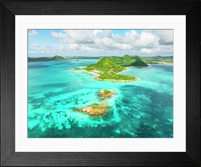 Framed Print : Aerial view of lush green headland of Pearns Point overlooking a coral reef, Antigua, Antigua & Barbuda, Caribbean, West Indies Framed Print : Aerial view of lush green headland of Pearns Point overlooking a coral reef, Antigua, Antigua & Barbuda, Caribbean, West Indies