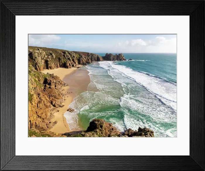 Framed Print : Logan Rock and Pednvounder Beach from Treen Cliff, near Porthcurno, Cornwall, England Framed Print : Logan Rock and Pednvounder Beach from Treen Cliff, near Porthcurno, Cornwall, England