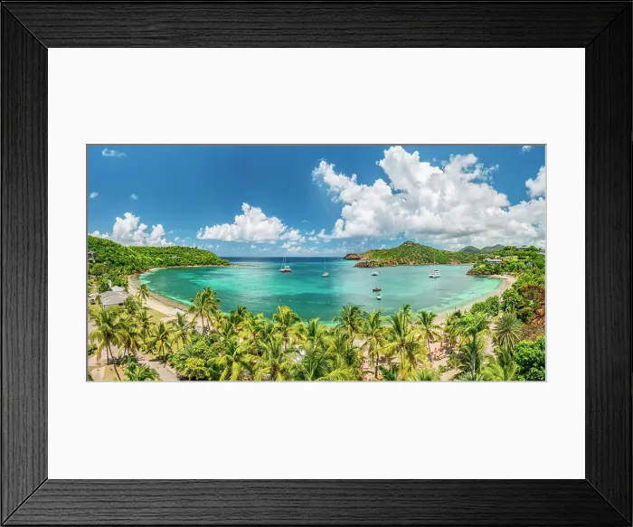 Framed Print : Aerial panoramic of the idyllic palm fringed Galleon beach washed by the crystal Caribbean Sea, English Harbour, Antigua Framed Print : Aerial panoramic of the idyllic palm fringed Galleon beach washed by the crystal Caribbean Sea, English Harbour, Antigua