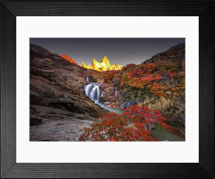 Framed Print : Fitzroy mountain and the Hidden waterfall at sunrise in the Los Glacieres National Park near El Chalten, Patagonia, Argentina Framed Print : Fitzroy mountain and the Hidden waterfall at sunrise in the Los Glacieres National Park near El Chalten, Patagonia, Argentina