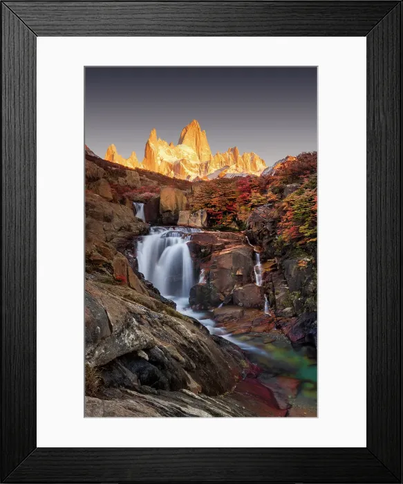 Framed Print : Fitzroy mountain and the Hidden waterfall at sunrise in the Los Glacieres National Park near El Chalten, Patagonia, Argentina Framed Print : Fitzroy mountain and the Hidden waterfall at sunrise in the Los Glacieres National Park near El Chalten, Patagonia, Argentina