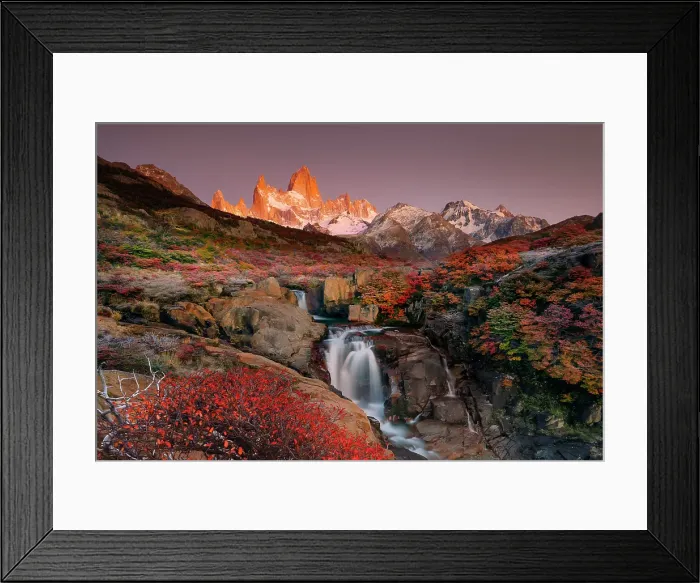 Framed Print : Fitzroy mountain and the Hidden waterfall at sunrise in the Los Glacieres National Park near El Chalten, Patagonia, Argentina Framed Print : Fitzroy mountain and the Hidden waterfall at sunrise in the Los Glacieres National Park near El Chalten, Patagonia, Argentina