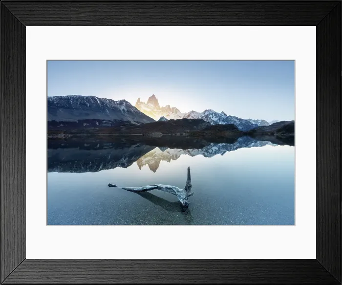 Framed Print : Fitzroy mountain at sunset reflectin in the Laguna Capri lake near El Chalten, Patagonia, Argentina Framed Print : Fitzroy mountain at sunset reflectin in the Laguna Capri lake near El Chalten, Patagonia, Argentina
