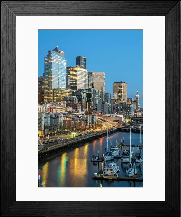 Framed Print : Waterfront and downtown's skyline at dusk, Seattle, Washington, USA Framed Print : Waterfront and downtown's skyline at dusk, Seattle, Washington, USA