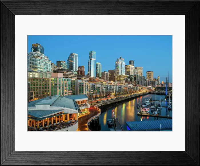 Framed Print : Waterfront and downtown's skyline at dusk, Seattle, Washington, USA Framed Print : Waterfront and downtown's skyline at dusk, Seattle, Washington, USA