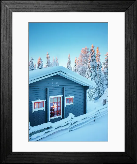Framed Print : An idyllic hut covered with snow in a forest near Ruka during winter in finnish Lapland, Finland Framed Print : An idyllic hut covered with snow in a forest near Ruka during winter in finnish Lapland, Finland