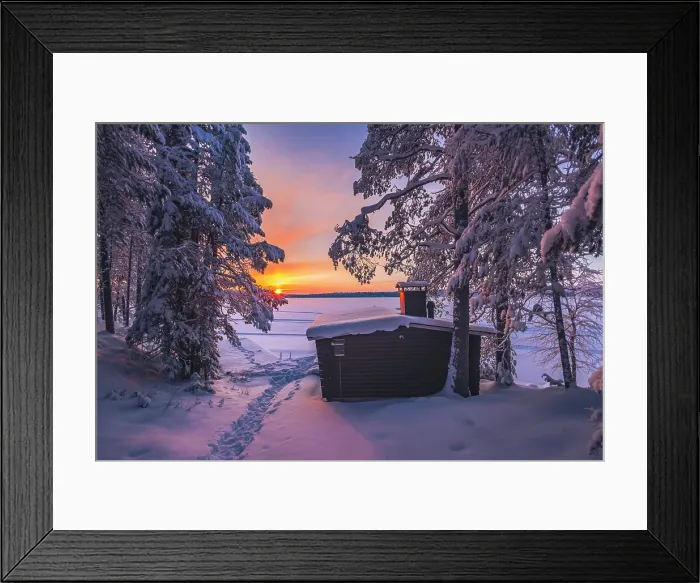 Framed Print : A wooden hut & frozen lake near Ruka in winter landscape in finnish Lapland, Finland Framed Print : A wooden hut & frozen lake near Ruka in winter landscape in finnish Lapland, Finland
