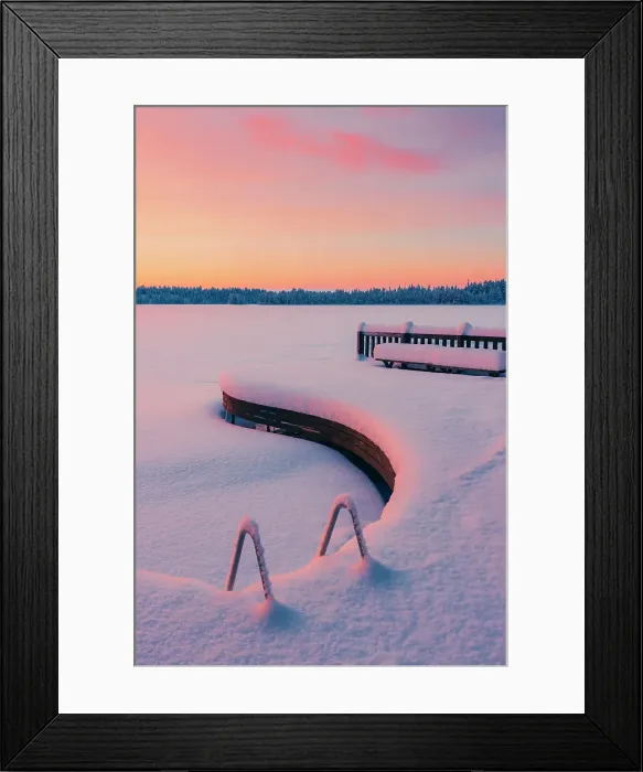 Framed Print : A frozen lake at sunset in a remote area near Ruka in finnish Lapland in winter landscape, Finland