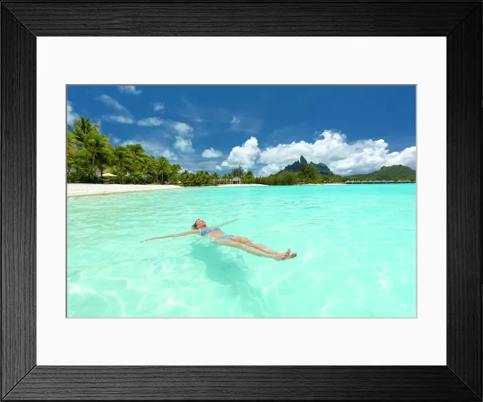 Framed Print : Woman in bikini floating in shallow sea, , Bora Bora, Society Islands, Pacific Ocean, French Polynesia (MR) Framed Print : Woman in bikini floating in shallow sea, , Bora Bora, Society Islands, Pacific Ocean, French Polynesia (MR)