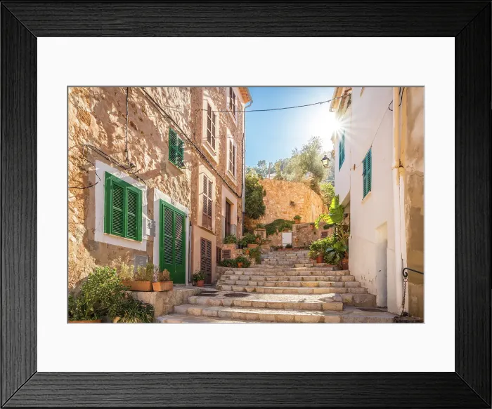Framed Print : Steep alley in the mountain village of Banyalbufar, Serra de Tramuntana, Mallorca, Balearic Islands, Spain Framed Print : Steep alley in the mountain village of Banyalbufar, Serra de Tramuntana, Mallorca, Balearic Islands, Spain